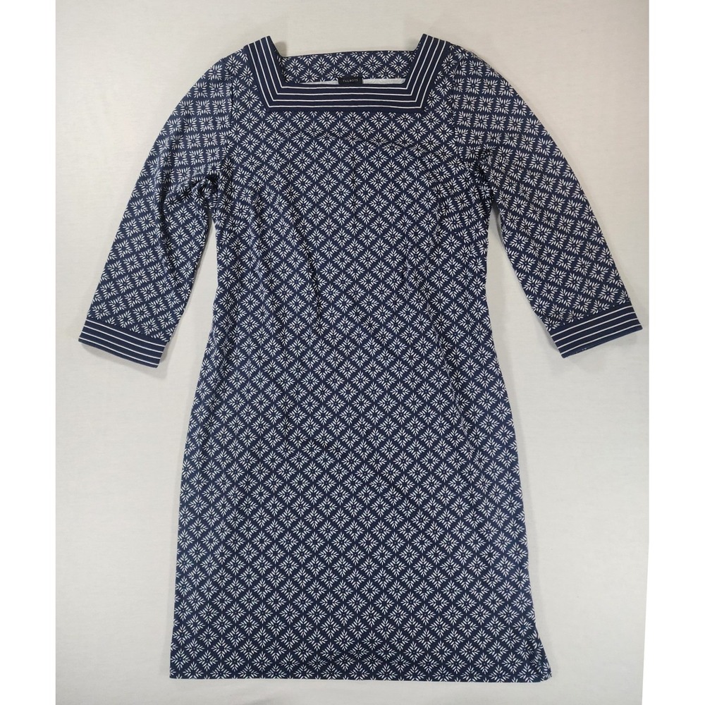 Talbots Effortless Jersey Shift Dress Women L Square Neck Geo Stretch 3/4 Sleeve